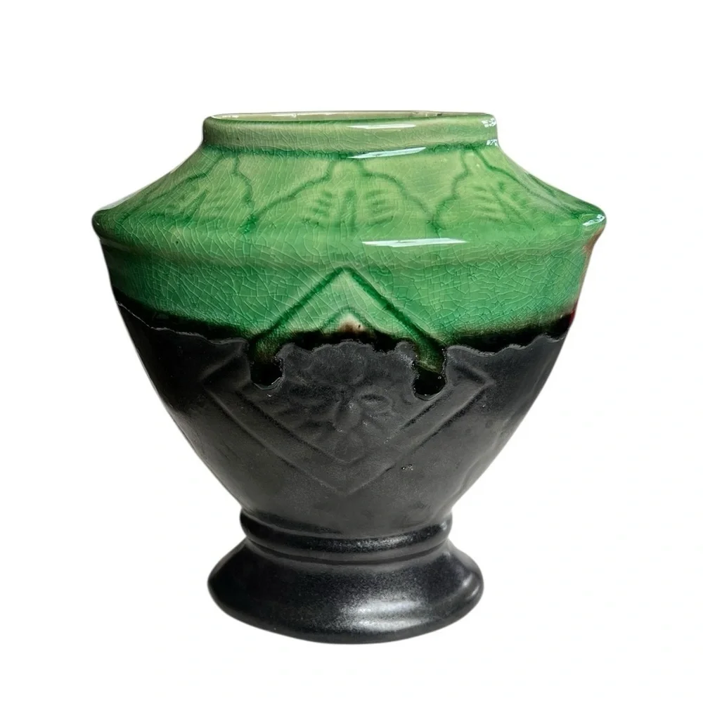 Vintage Art Deco Green & Black Drip Ceramic Vase Collectible Vietnam